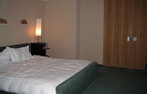 Bed no longer perfectly pressed after I took a nap on it! You can see the sliding doors into the bathroom at right.
