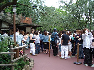 Just a portion of the very long line of guests waiting to buy things at Frontier Woodcraft!