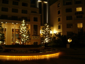 Beautifully lit courtyard at the Ambassador Hotel.